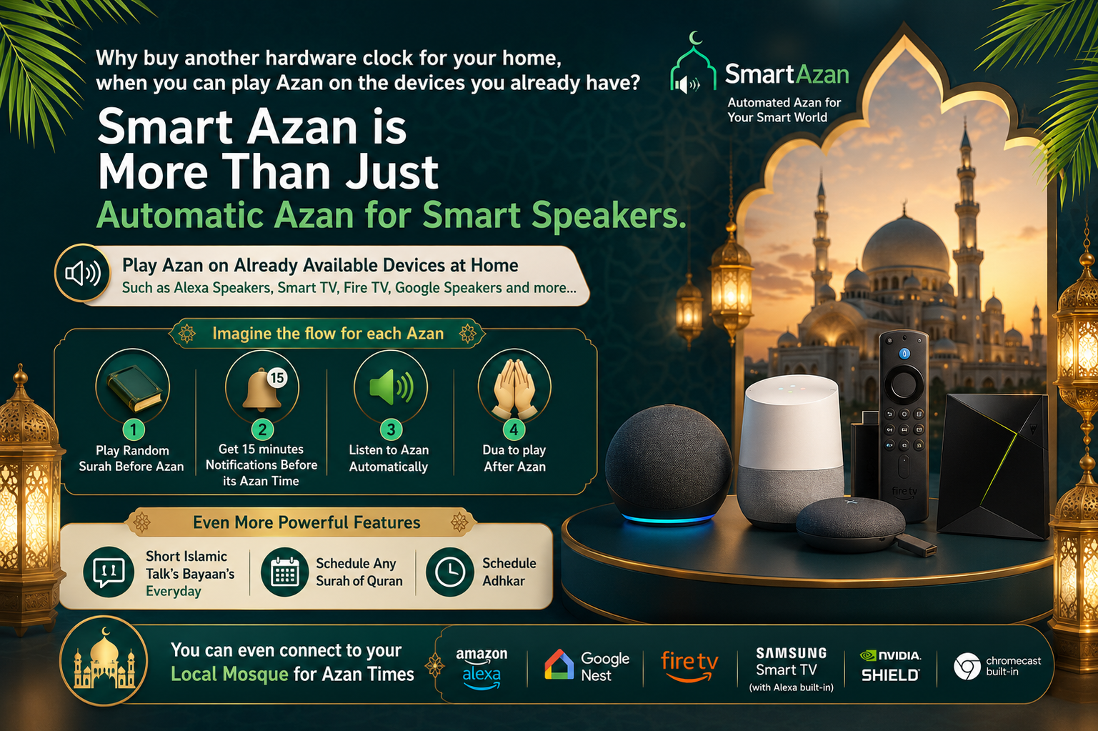 Smart Azan automatic Azan for Alexa, Google Nest, Fire TV, smart TV, and other home devices